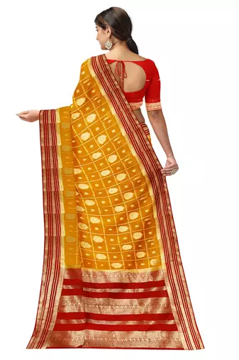 Mustard yellow & red zari woven designer saree