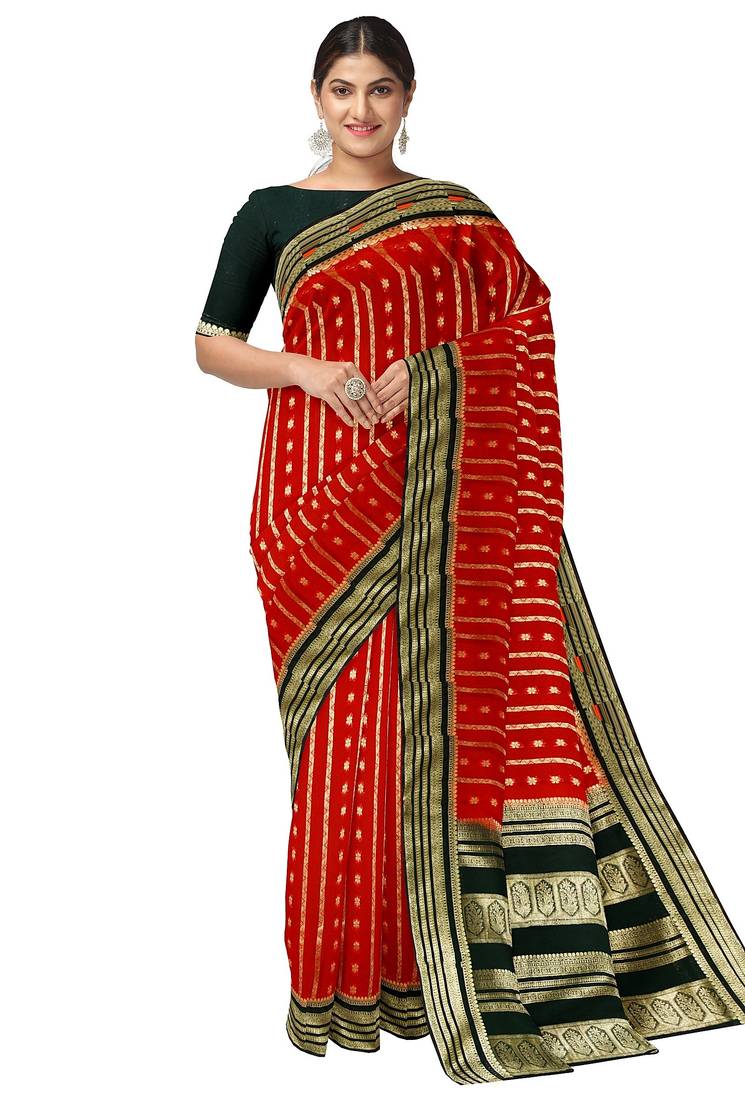 Red & black zari woven designer saree