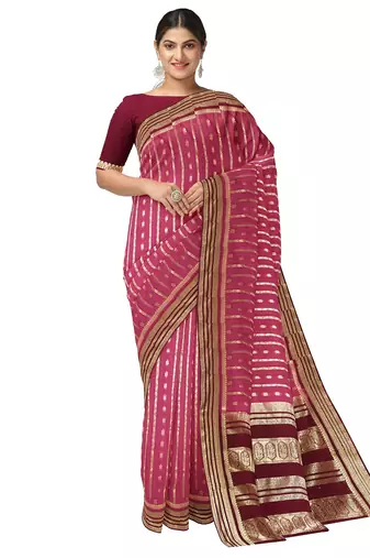 Pink & maroon zari woven designer saree
