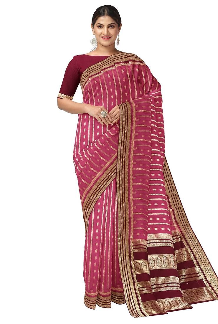 Pink & maroon zari woven designer saree