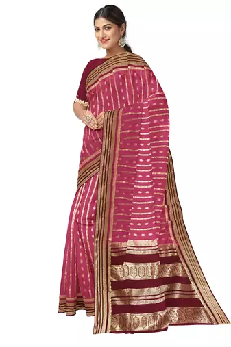 Pink & maroon zari woven designer saree