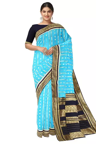 Aqua blue & navy blue zari woven traditional saree