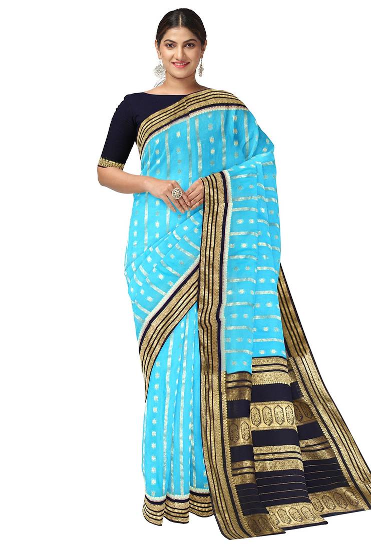 Aqua blue & navy blue zari woven traditional saree