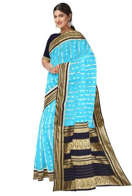 Aqua blue & navy blue zari woven traditional saree 2