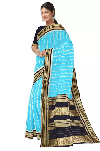 Aqua blue & navy blue zari woven traditional saree