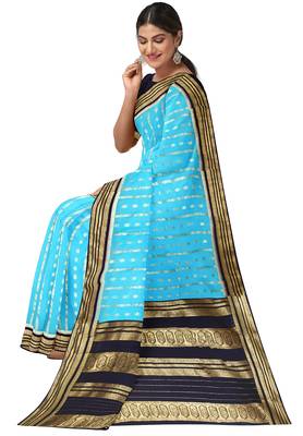 Aqua blue & navy blue zari woven traditional saree 3