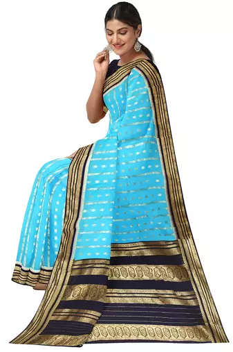 Aqua blue & navy blue zari woven traditional saree