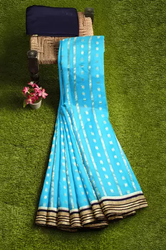 Aqua blue & navy blue zari woven traditional saree