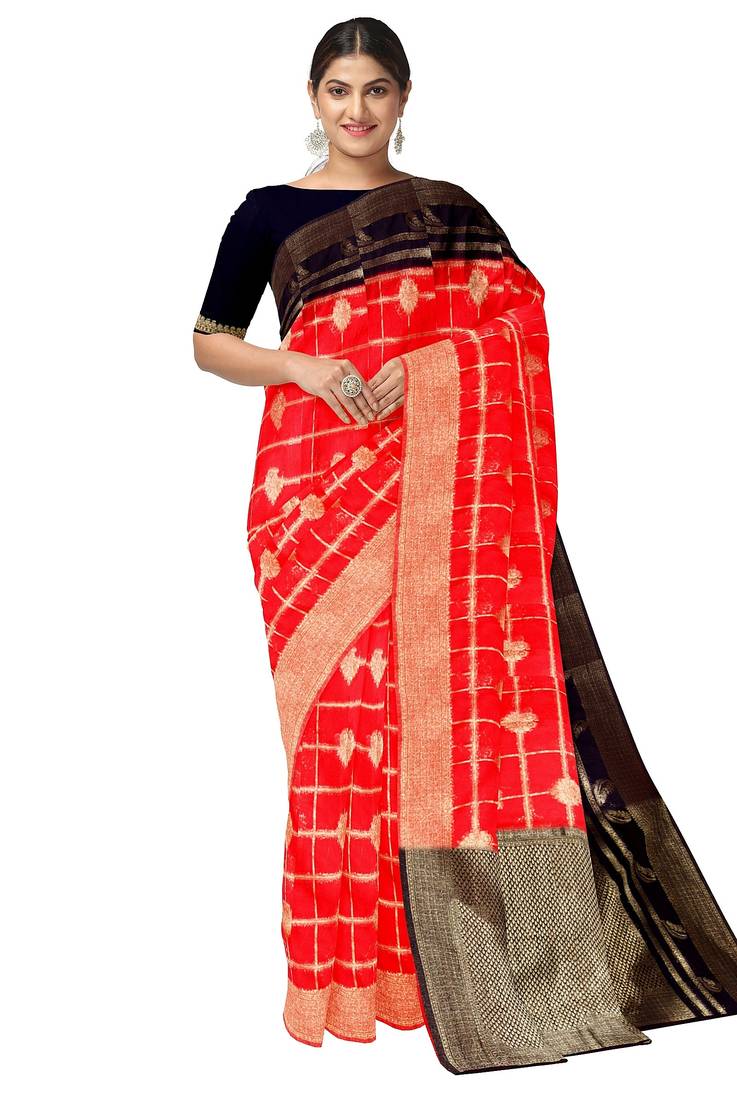Bright red & black zari woven traditional sare