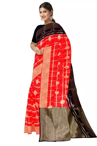 Bright red & black zari woven traditional sare