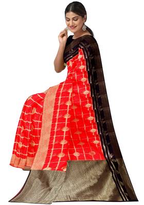 Bright red & black zari woven traditional sare 3