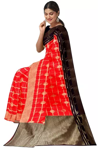 Bright red & black zari woven traditional sare