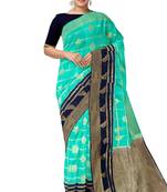 Aqua blue & navy blue woven design saree