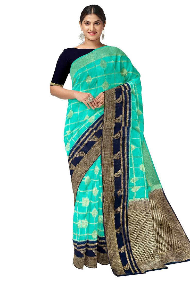 Aqua blue & navy blue woven design saree