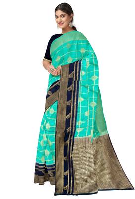 Aqua blue & navy blue woven design saree 2