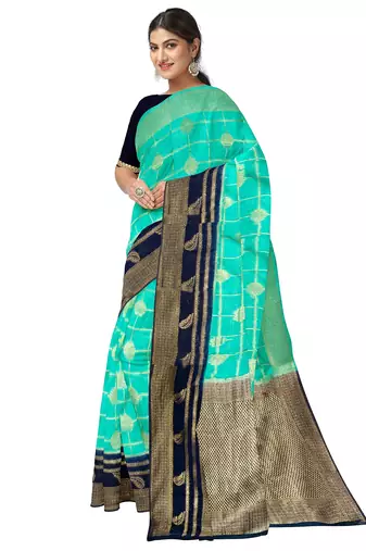 Aqua blue & navy blue woven design saree