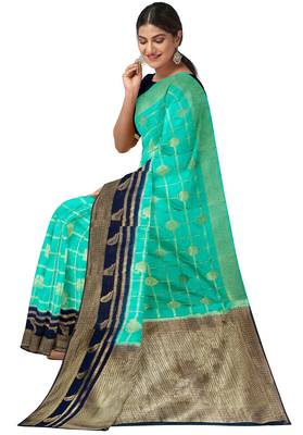 Aqua blue & navy blue woven design saree 3