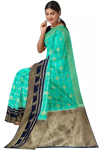 Aqua blue & navy blue woven design saree