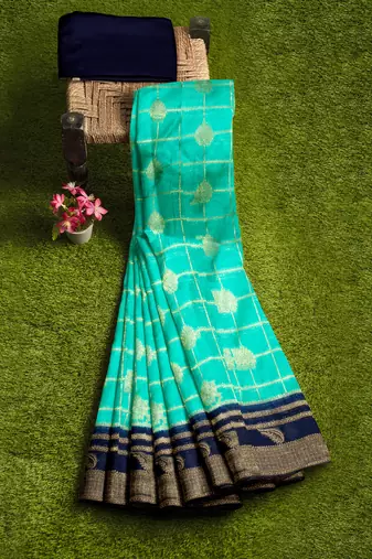 Aqua blue & navy blue woven design saree