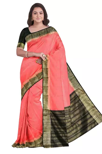 Coral pink & black zari border saree