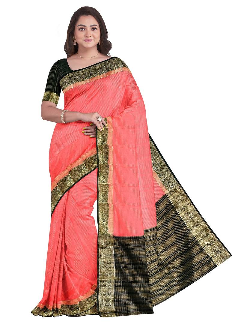 Coral pink & black zari border saree