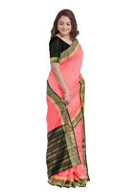 Coral pink & black zari border saree 2