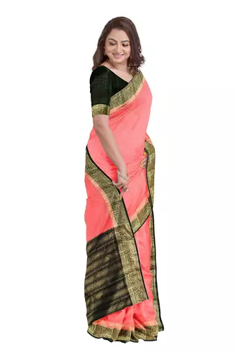 Coral pink & black zari border saree
