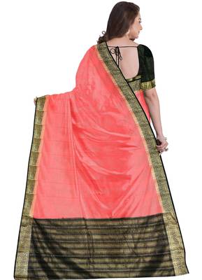 Coral pink & black zari border saree 3