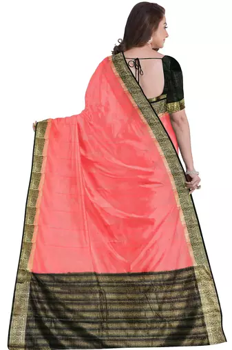 Coral pink & black zari border saree