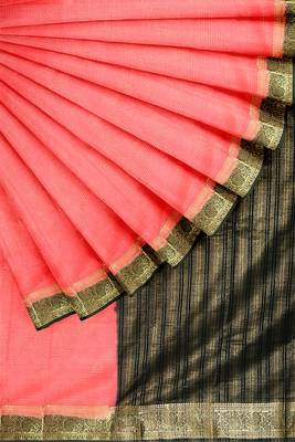 Coral pink & black zari border saree 4