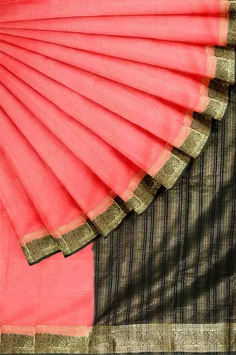 Coral pink & black zari border saree
