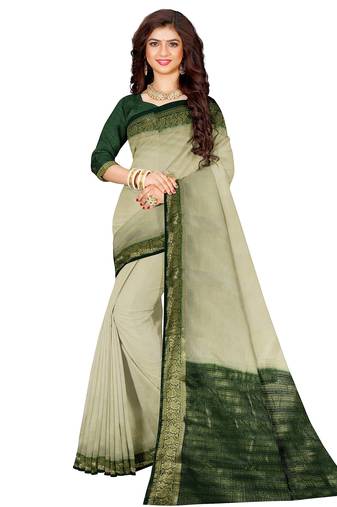 Cream & dark green zari border saree
