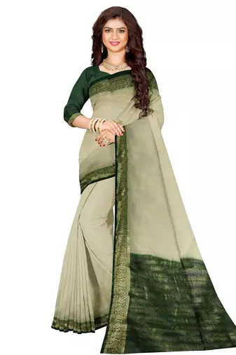 Cream & dark green zari border saree