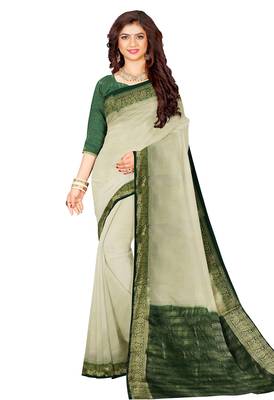 Cream & dark green zari border saree 2