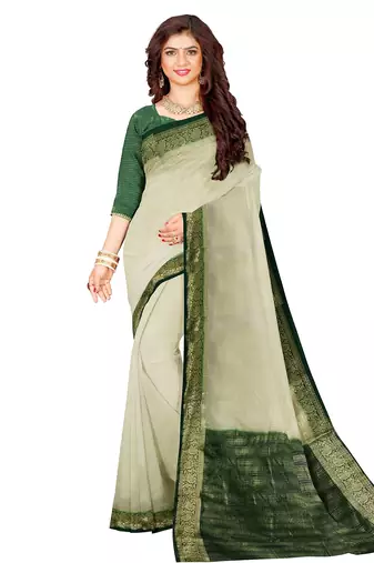 Cream & dark green zari border saree