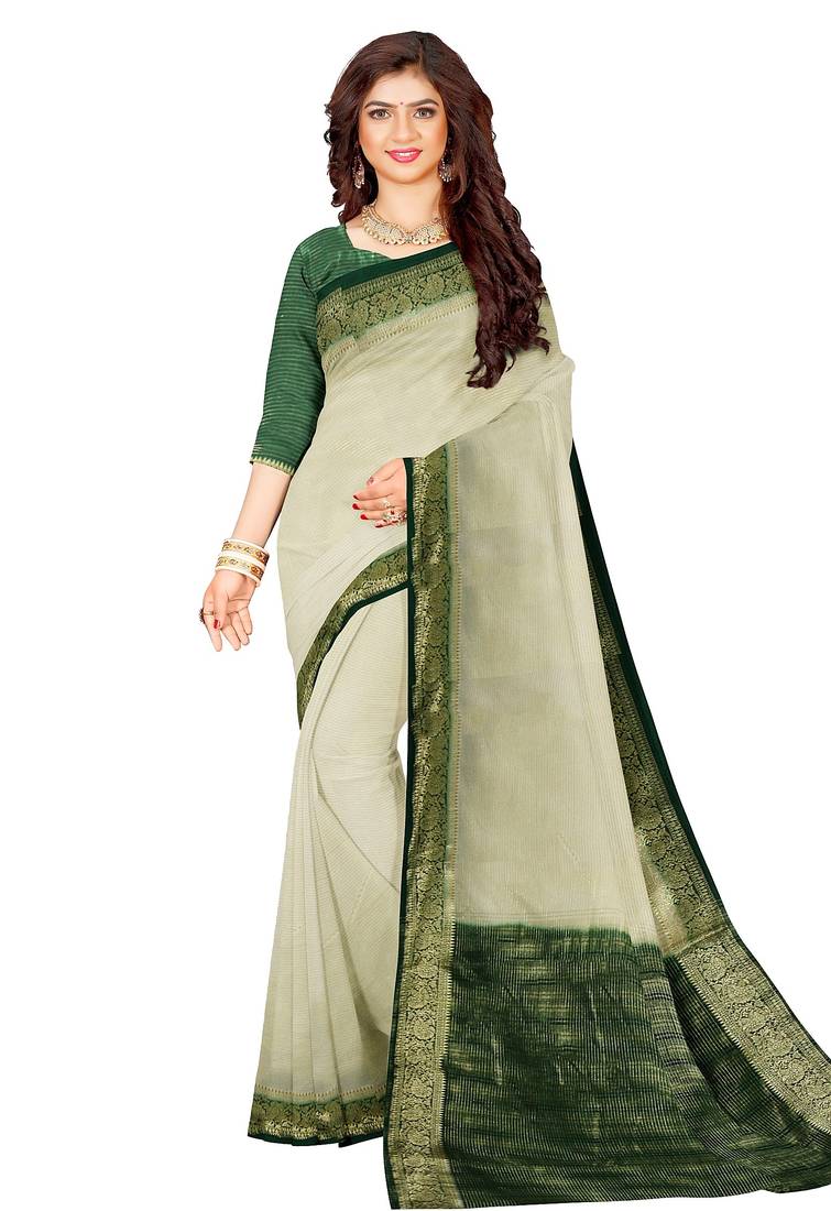 Cream & dark green zari border saree