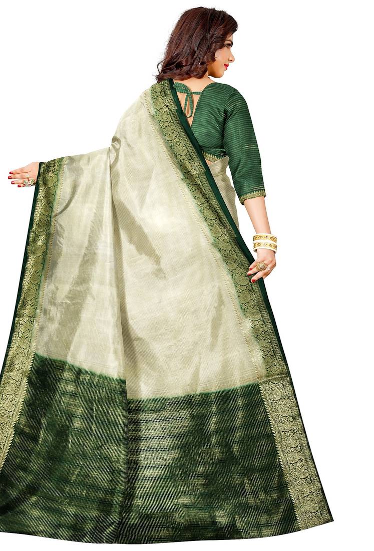 Cream & dark green zari border saree