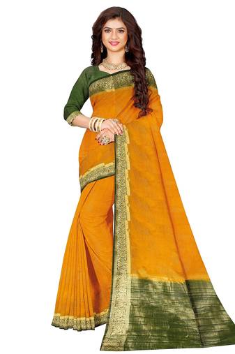 Mustard yellow & olive green zari border saree