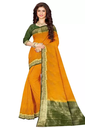 Mustard yellow & olive green zari border saree