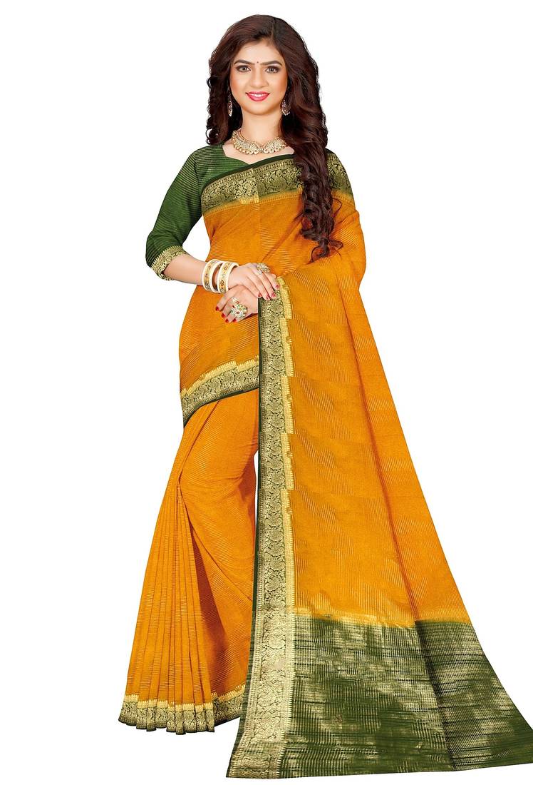 Mustard yellow & olive green zari border saree