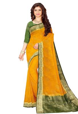 Mustard yellow & olive green zari border saree 2