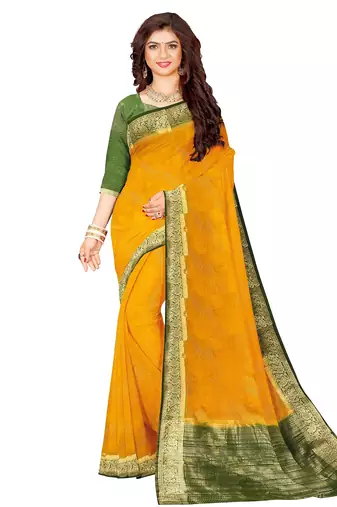 Mustard yellow & olive green zari border saree