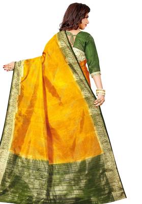 Mustard yellow & olive green zari border saree 3