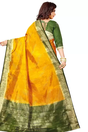 Mustard yellow & olive green zari border saree