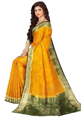 Mustard yellow & olive green zari border saree 4