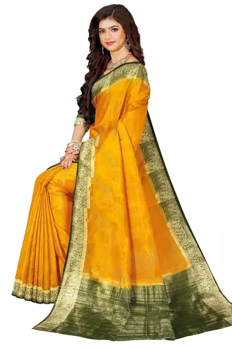 Mustard yellow & olive green zari border saree