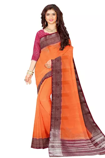 Orange & maroon contrast border saree