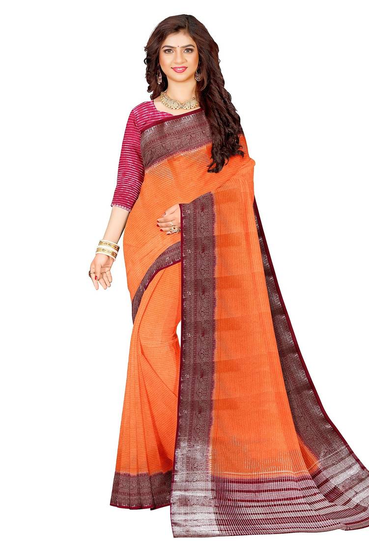 Orange & maroon contrast border saree