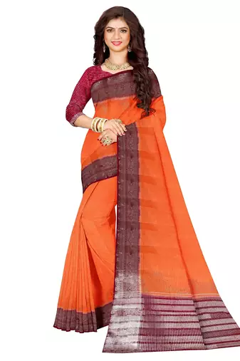 Orange & maroon contrast border saree