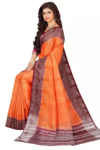Orange & maroon contrast border saree